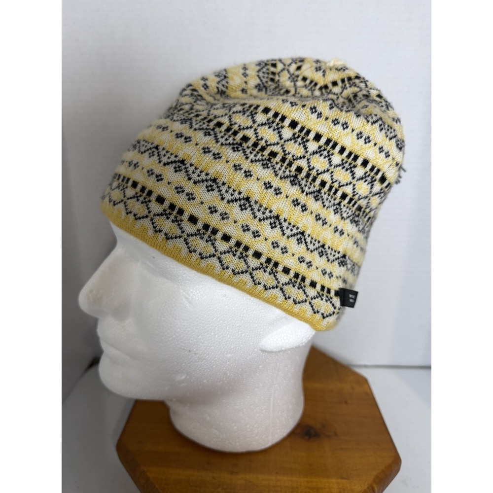 Turtle Fur Merino Wool Fair Isle Beanie Hat Yellow Black Made in Italy OS